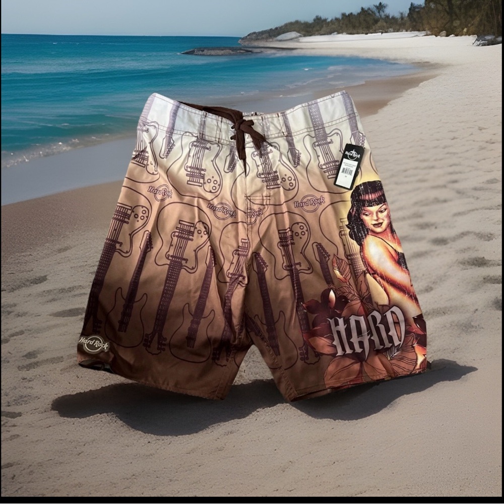 Hard Rock Cafe Board Shorts Swim Trunks Ombre Guitars Pinup Girl Mens 34 Waist
